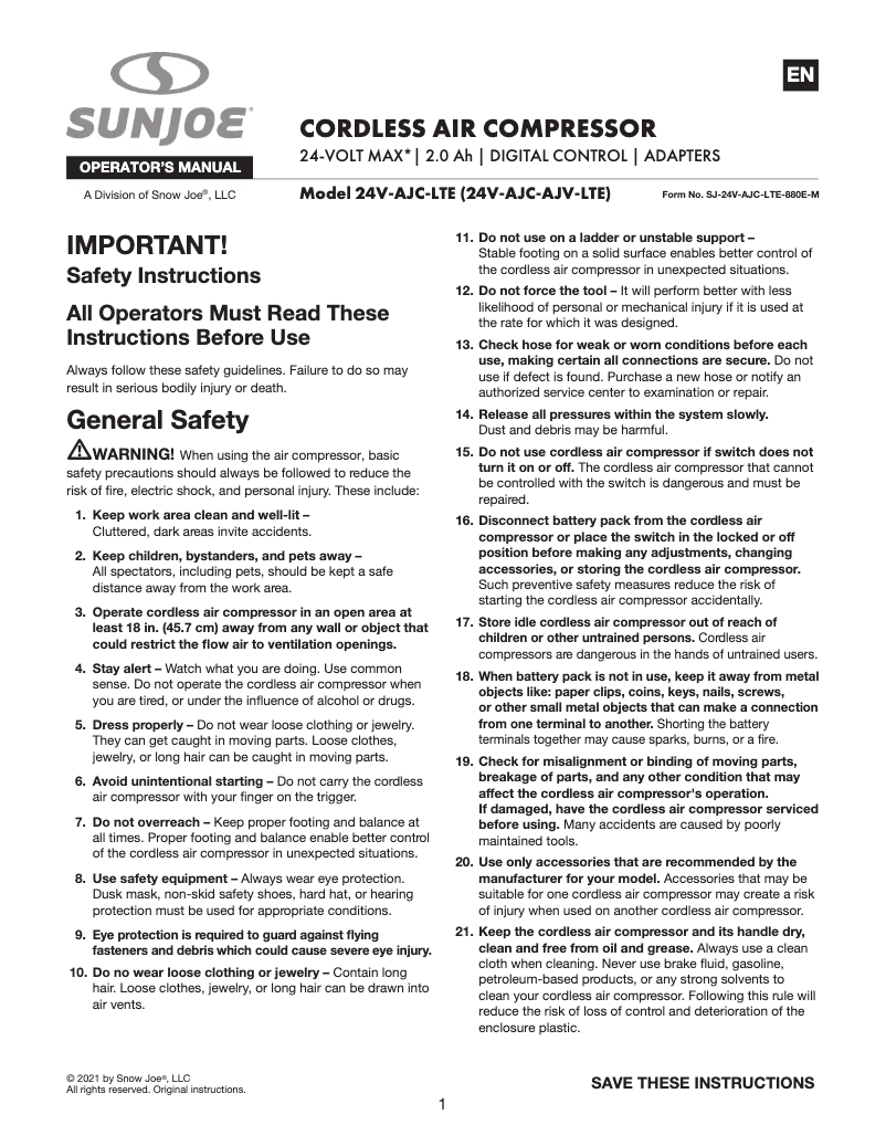 Página 1 del manual Manual de usuario Sun Joe 24V-AJC-AJV-LTE