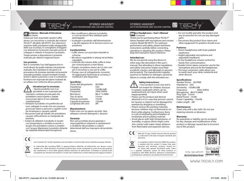 Imagen de la primera página del manual del dispositivo SB-HP3TY
