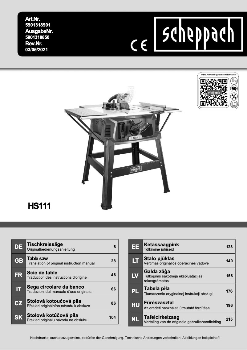 Página 1 del manual Manual de usuario Scheppach HS111