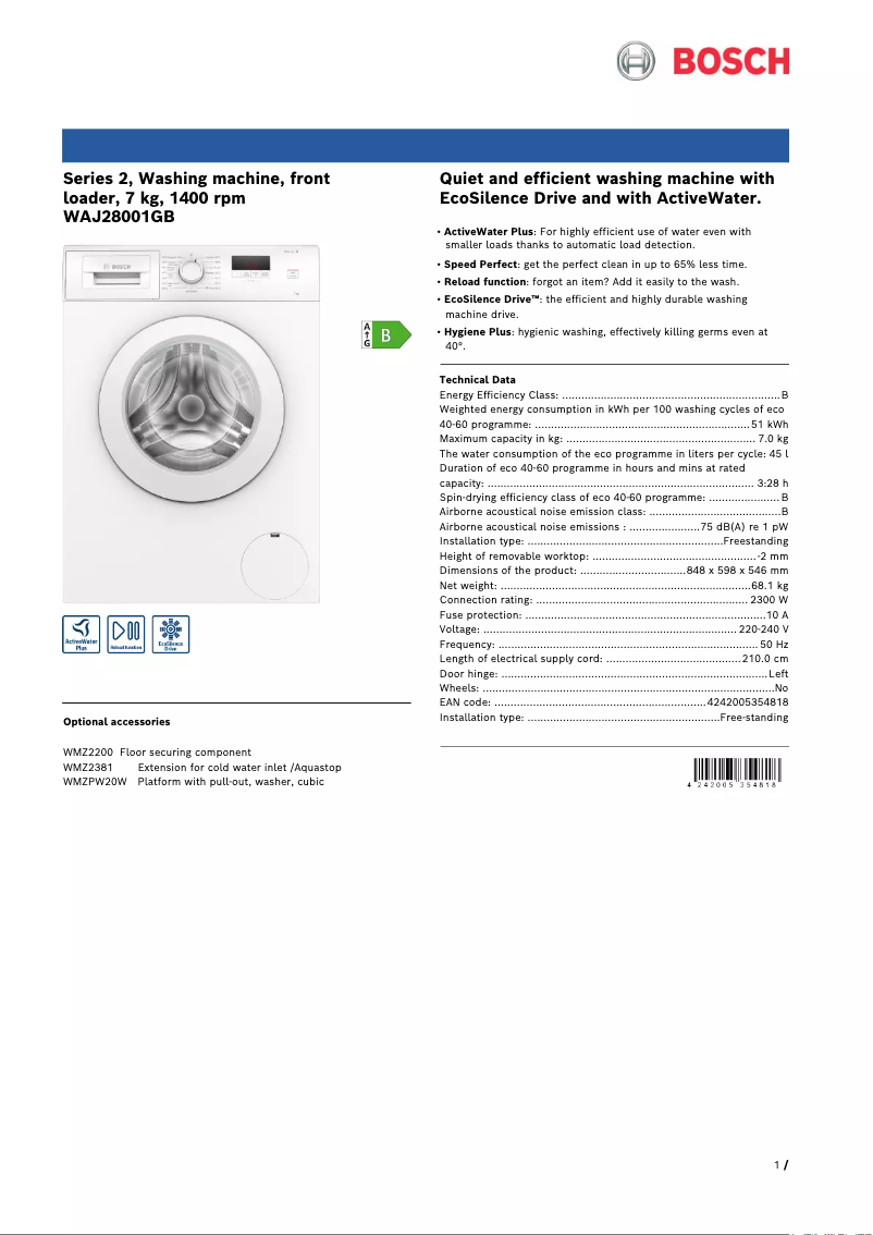 Página 1 del manual Ficha técnica Bosch WAJ28001GB