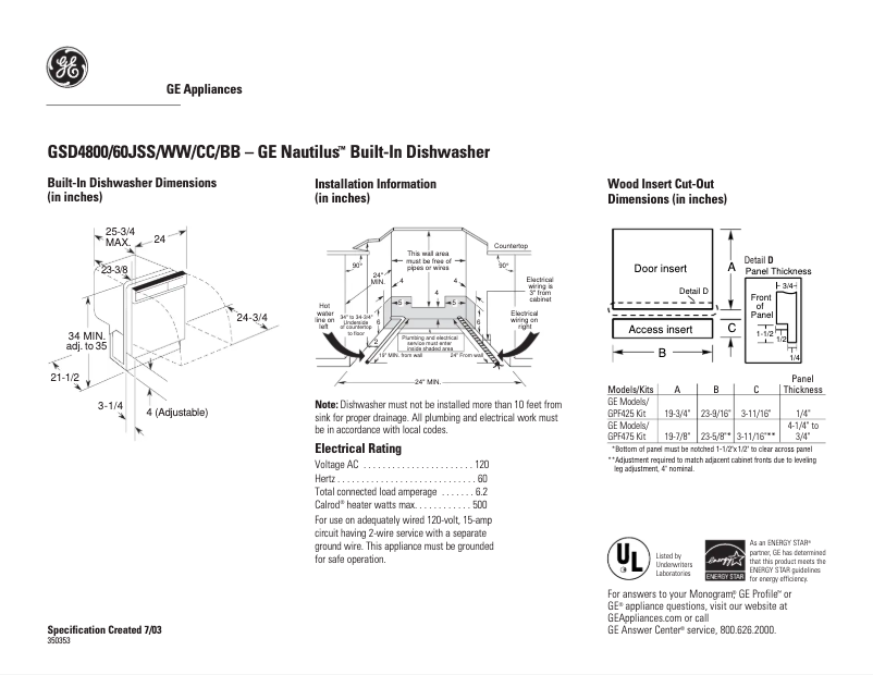 Página 1 del manual Ficha técnica GE GSD4800JWW