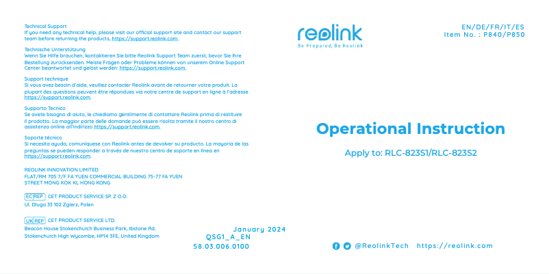 Página 1 del manual Manual de usuario Reolink RLC-823S2