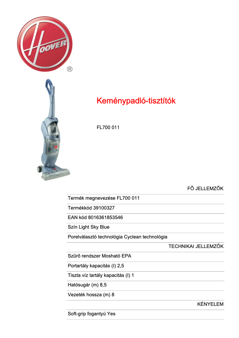 Página 1 del manual Ficha técnica Hoover Floormate