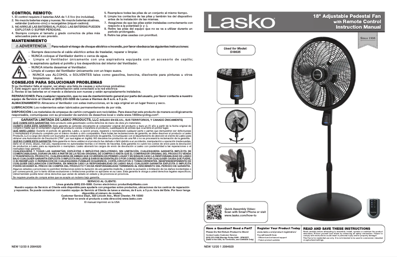 Página 1 del manual Manual de usuario Lasko S18635