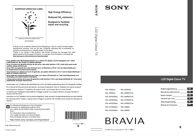 Imagen de la primera página del manual del dispositivo Bravia KDL-52W5500AEP