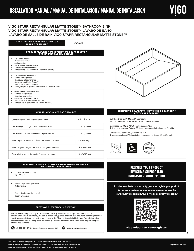 Imagen de la primera página del manual del dispositivo Starr VG04025