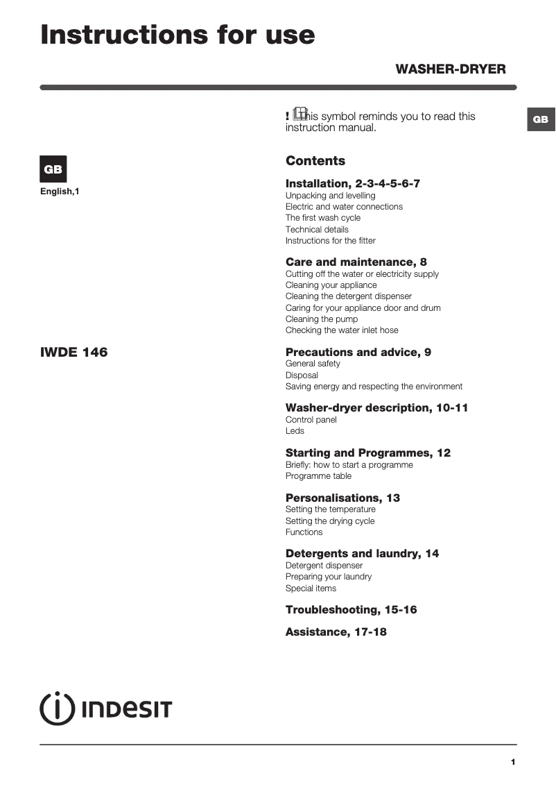 Página nº 1 - Instrucciones / montaje Indesit IWDE 146 UK