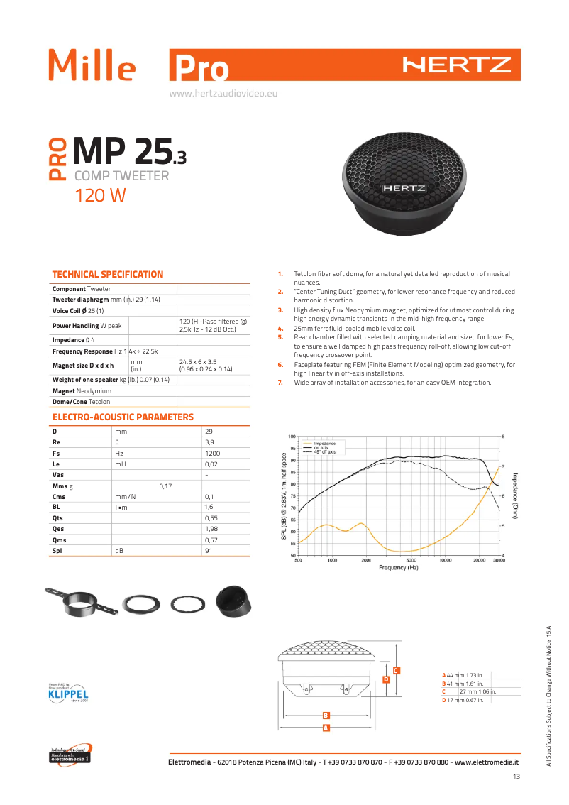 Página 1 del manual Ficha técnica Hertz Mille Pro MP25.3PRO