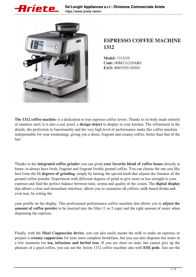 Página 1 del manual Ficha técnica Ariete 1312