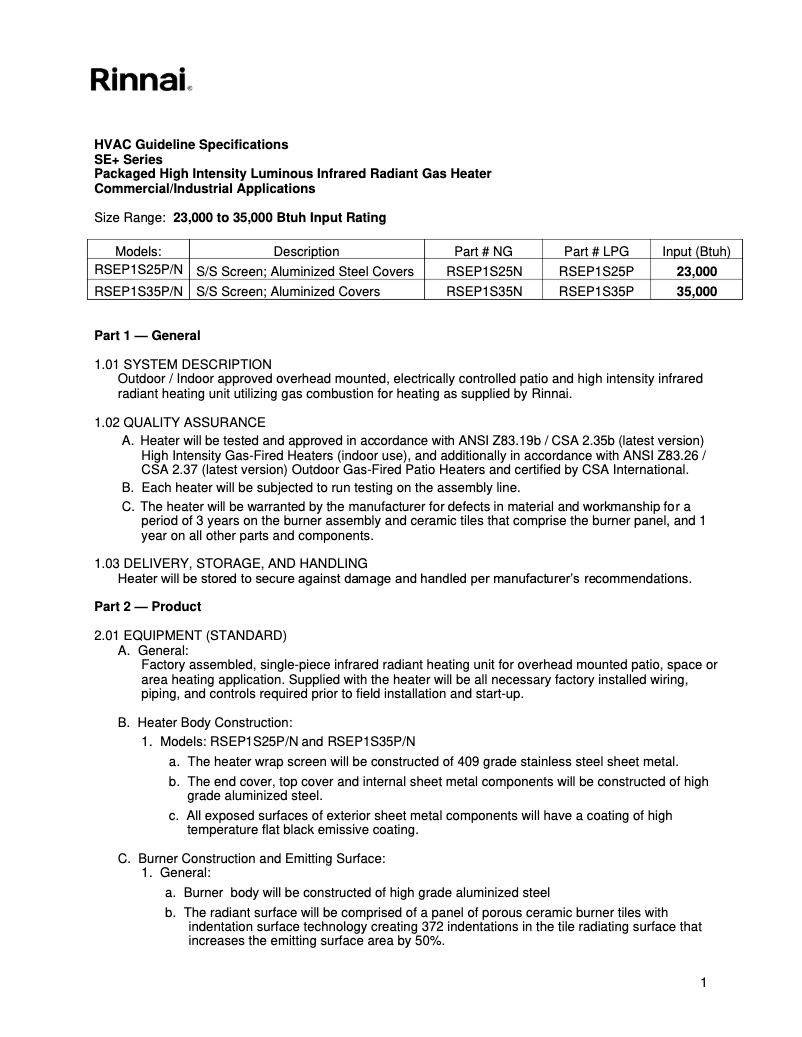 Página 1 del manual Ficha técnica Rinnai RSEP2S50N