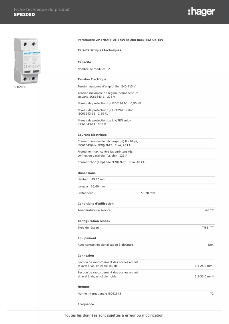 Página 1 del manual Ficha técnica Hager SPB208D