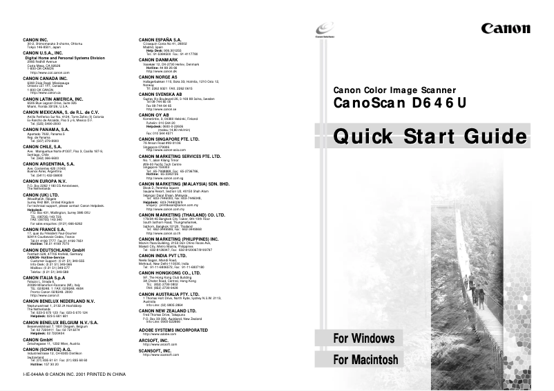 Página nº 1 - Guía de inicio rápido Canon CanoScan D646U