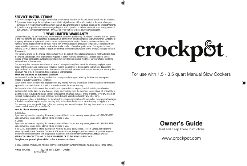 Página 1 del manual Manual de usuario Crock-Pot CPSCRM20-BP