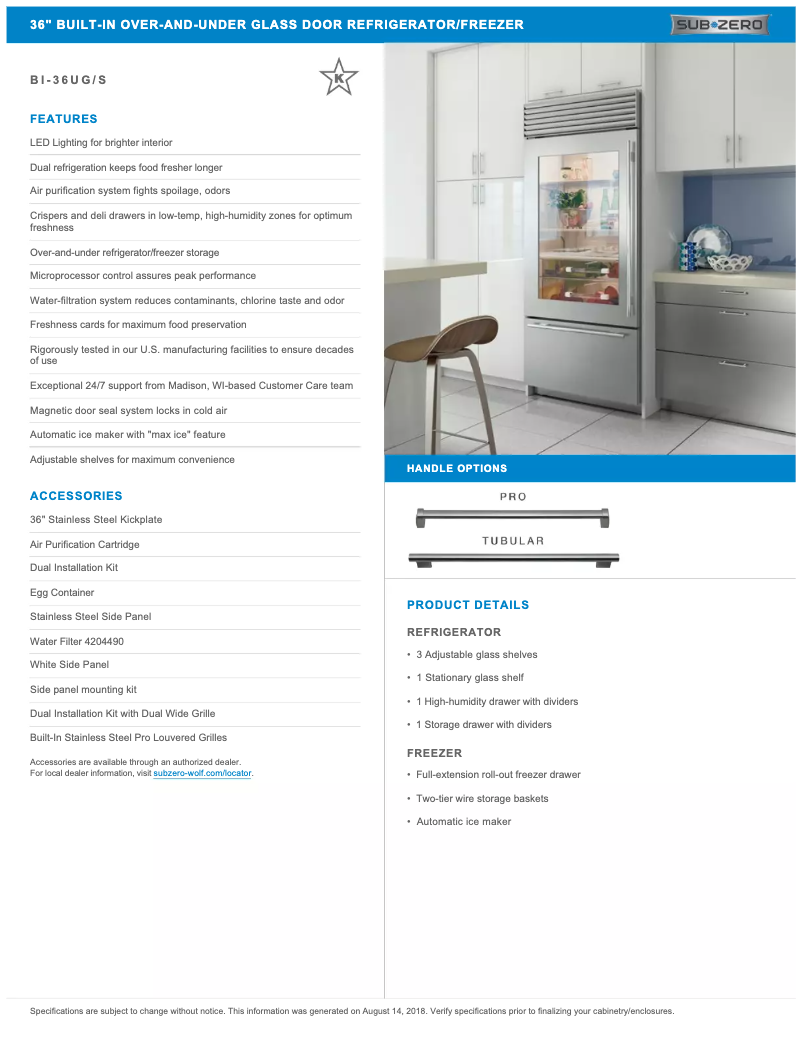 Página 1 del manual Ficha técnica Sub-Zero BI-36UG/S/PH-LH