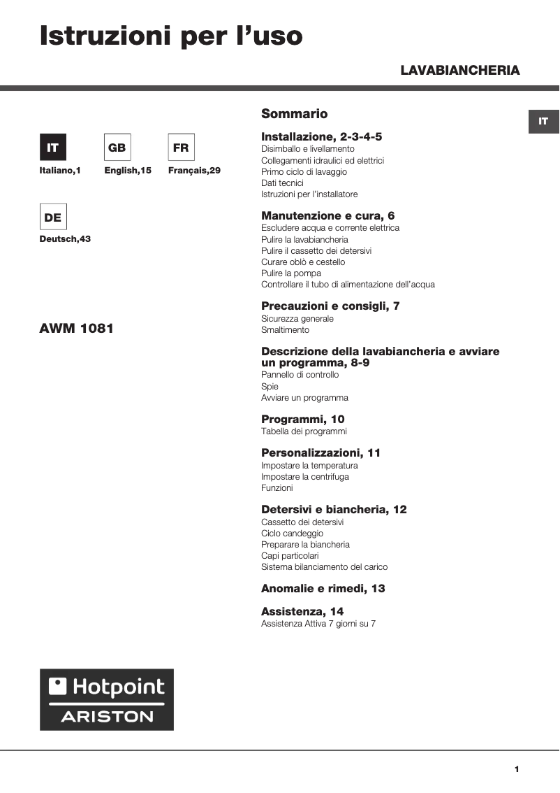 Página 1 del manual Manual de usuario Hotpoint Ariston AWM 1081