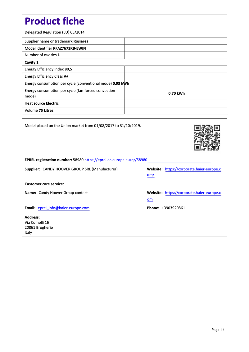 Página 1 del manual Ficha técnica Rosieres RFAZ 7673 RB-EWIFI