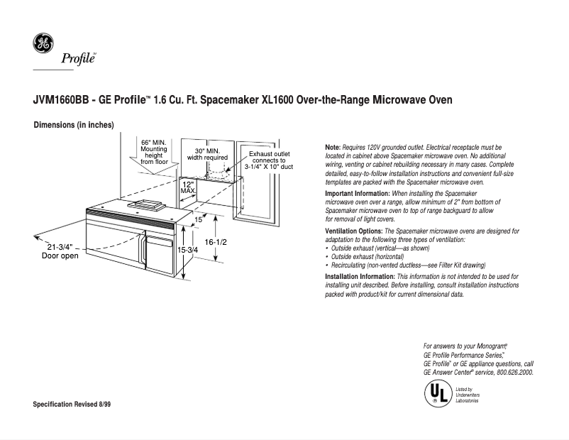 Página 1 del manual Ficha técnica GE Profile JVM1660BB