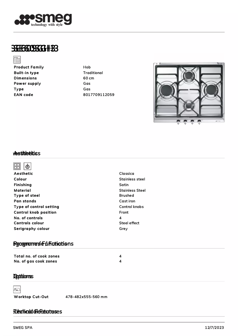Página 1 del manual Ficha técnica Smeg SE60SGH3