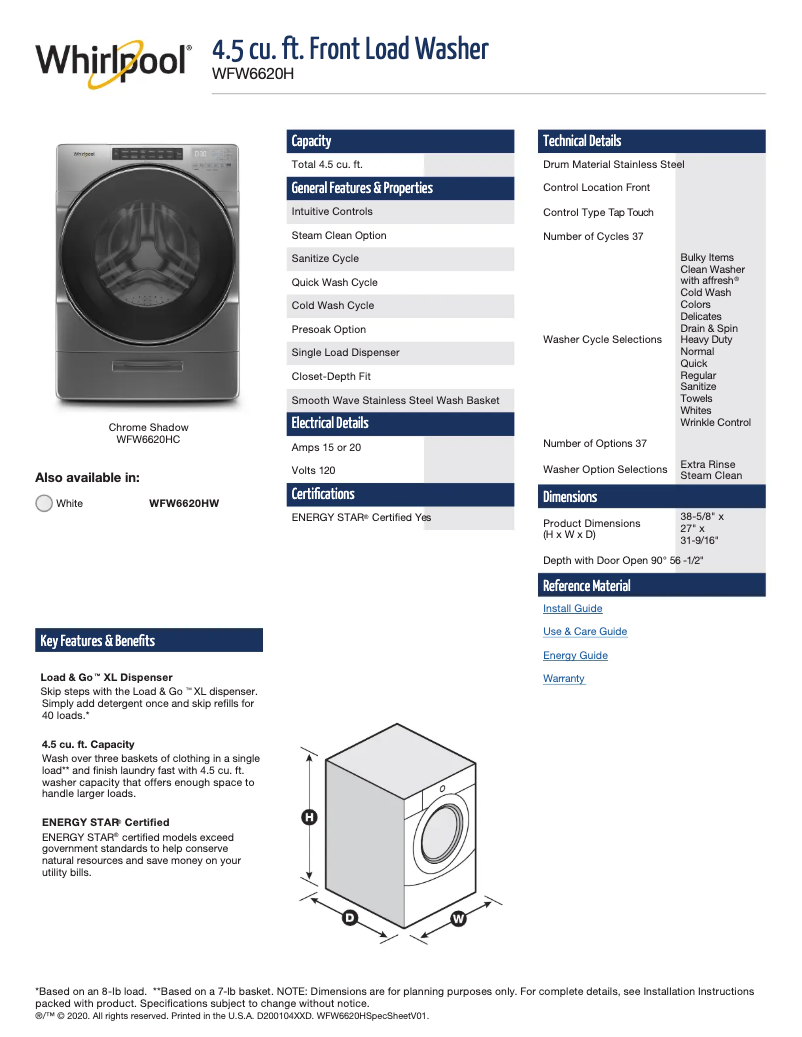 Página 1 del manual Ficha técnica Whirlpool WFW6620HC