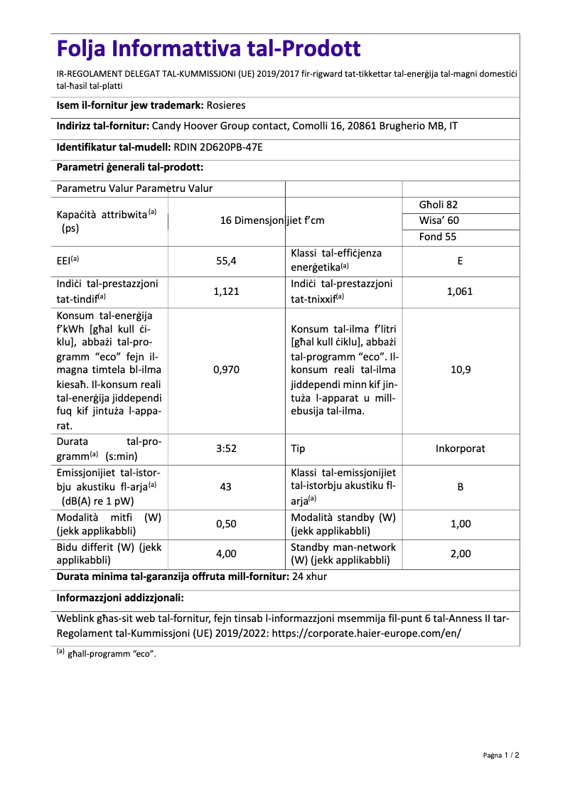 Página 1 del manual Ficha técnica Rosieres RDIN 2D620PB