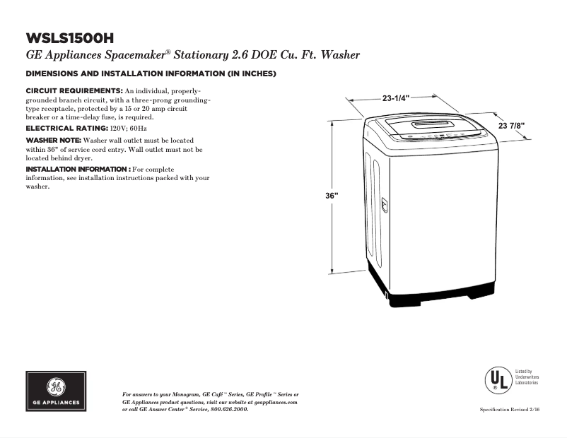 Página 1 del manual Ficha técnica GE WSLS1500HWW