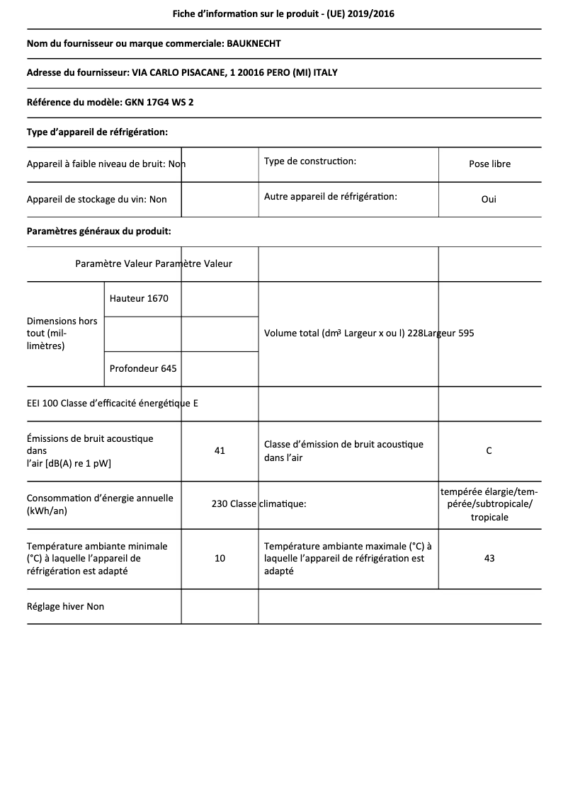 Página 1 del manual Ficha técnica Bauknecht GKN 17G4 WS 2