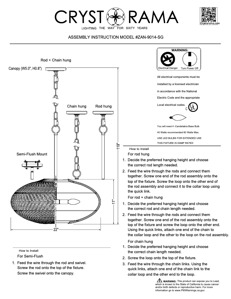 Página nº 1 - Manual de usuario Crystorama Zanzibar ZAN-9014-SG