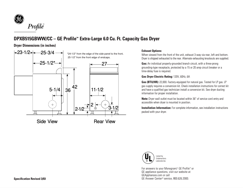 Imagen de la primera página del manual del dispositivo Profile DPXB515GBWW