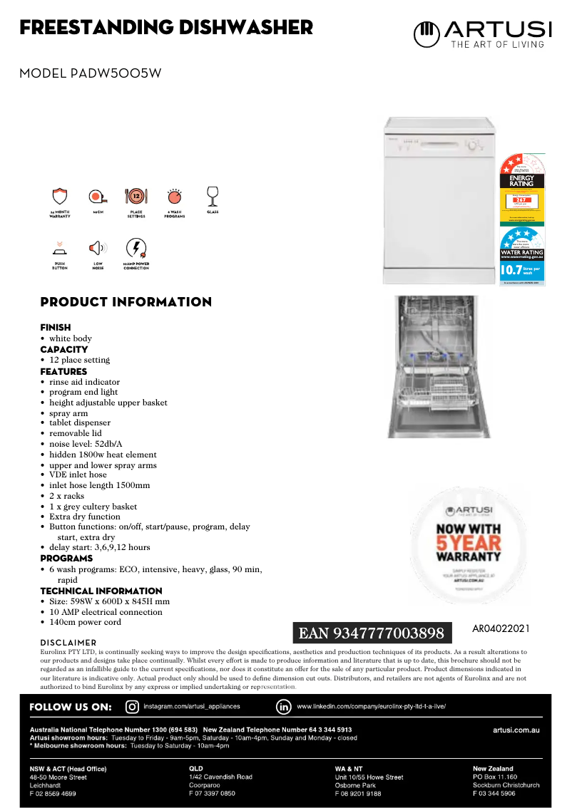 Página 1 del manual Ficha técnica Artusi PADW5005W