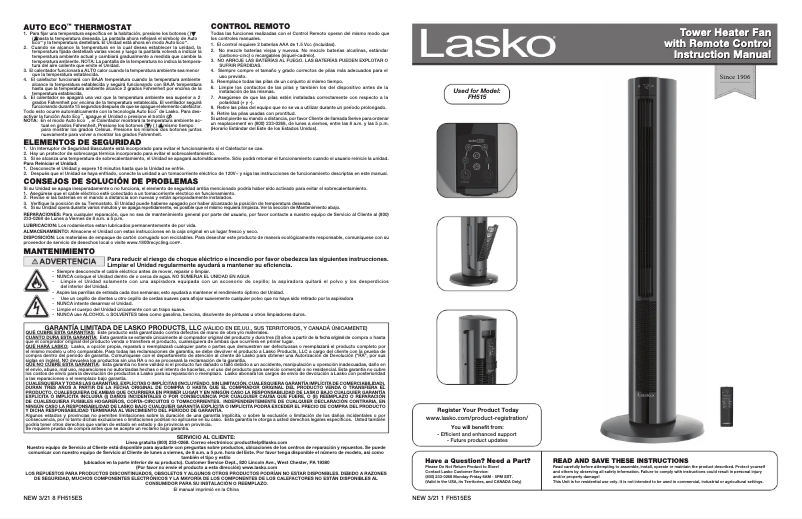 Página nº 1 - Manual de usuario Lasko FH515