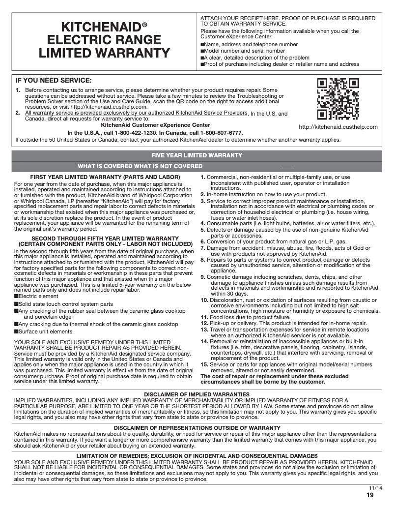 Página nº 1 - Información de garantía KitchenAid KFEG500ESS
