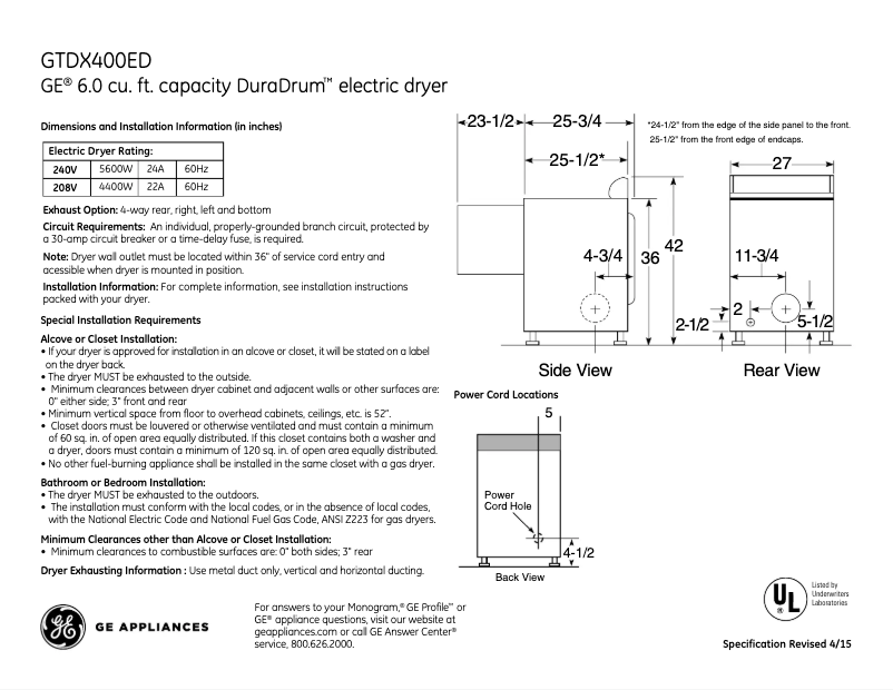 Página 1 del manual Ficha técnica GE GTDX400EDWS