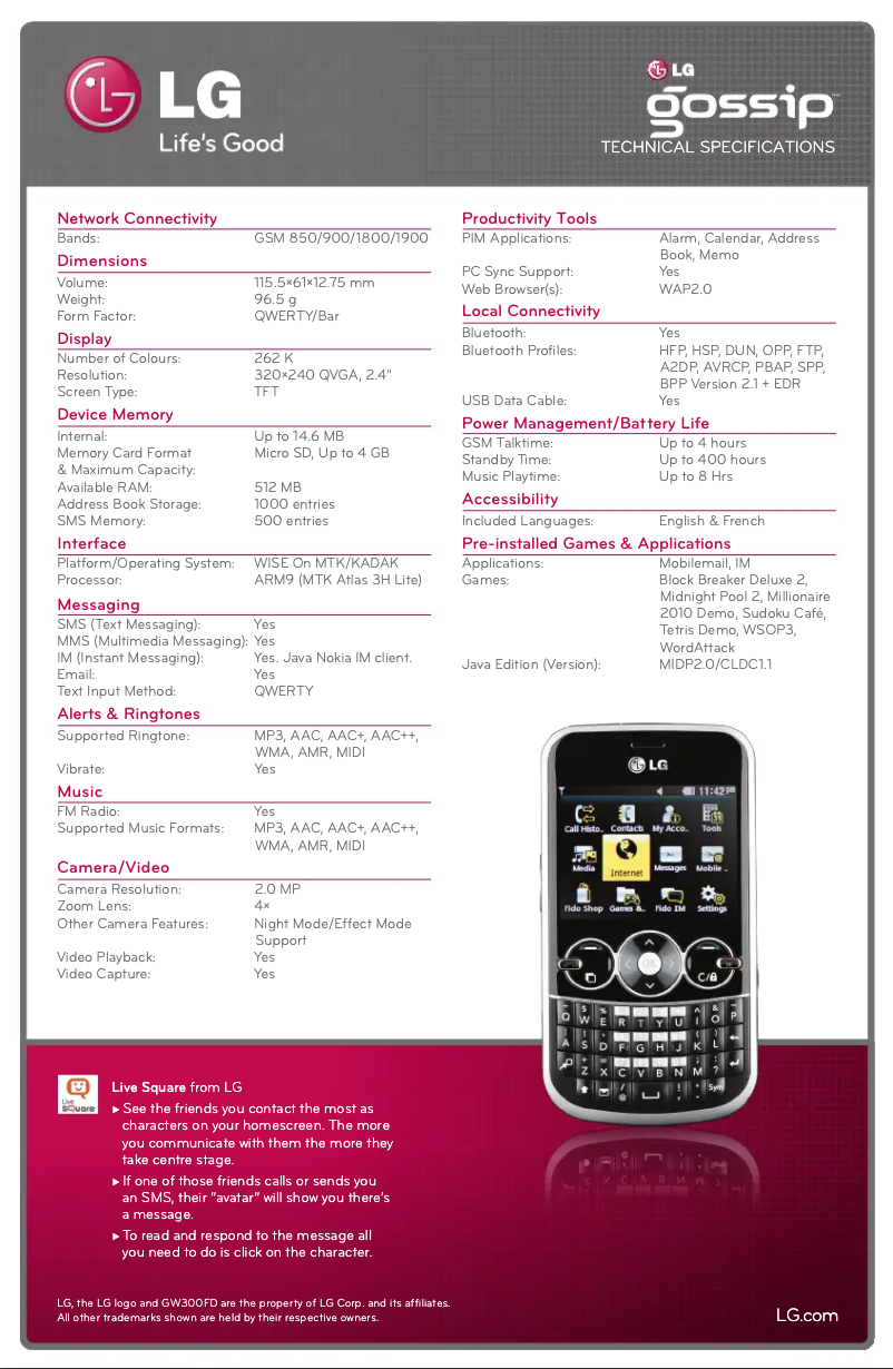 Página 1 del manual Ficha técnica LG GW300FD