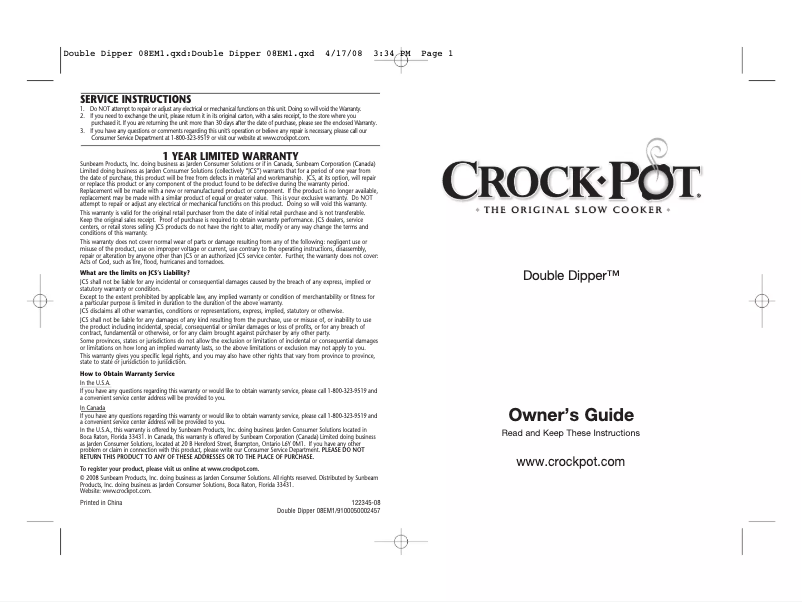 Página 1 del manual Manual de usuario Crock-Pot Double Dipper SCDD-SS