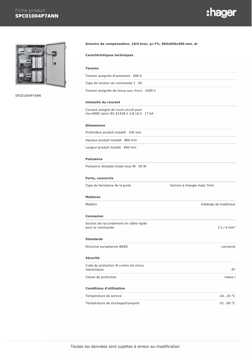 Página 1 del manual Ficha técnica Hager SPC01004P7ANN