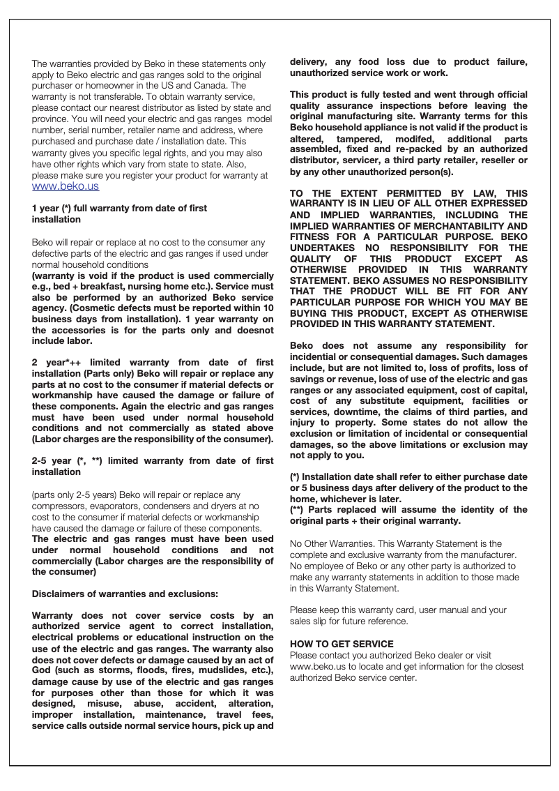 Página 1 del manual Información de garantía Beko SLER30432SS