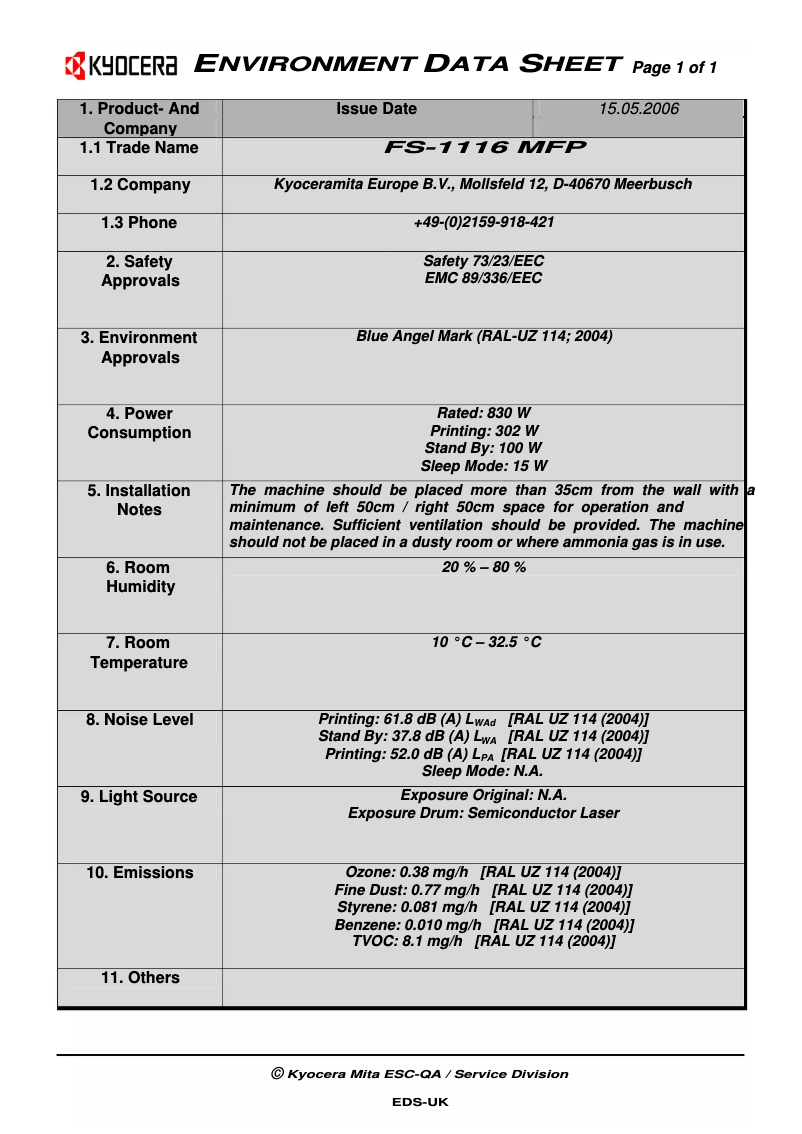 Página 1 del manual Ficha técnica Kyocera FS-1116MFP