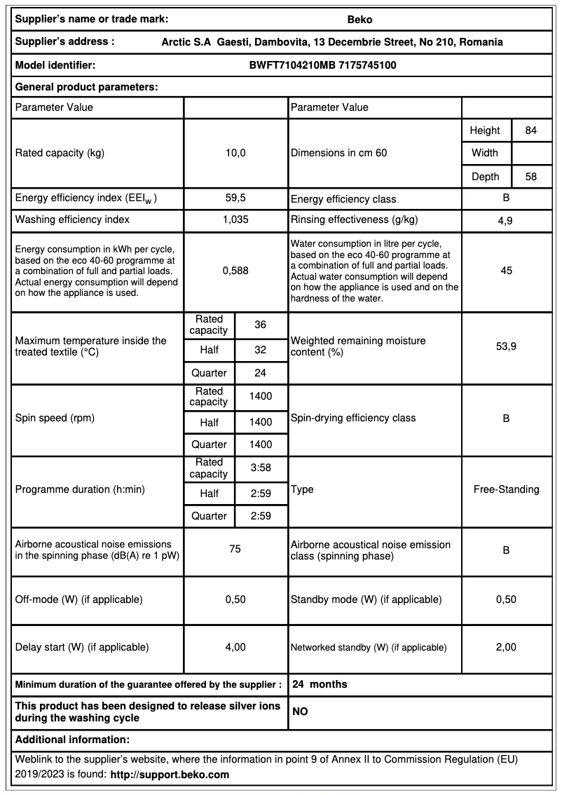 Página 1 del manual Ficha técnica Beko BWFT7104210MB
