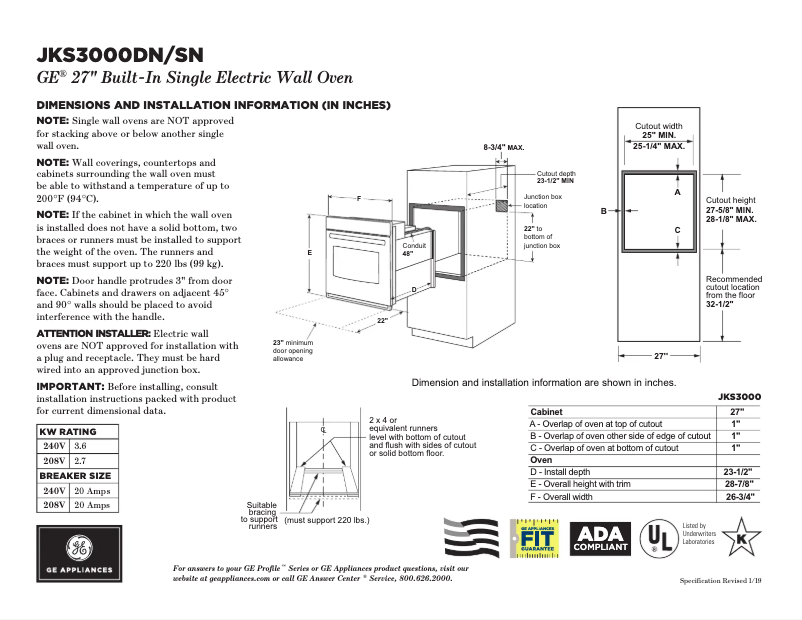 Página 1 del manual Ficha técnica GE JKS3000DNWW