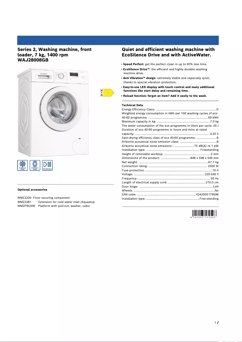 Página nº 1 - Ficha técnica Bosch Serie 2 WAJ28008GB