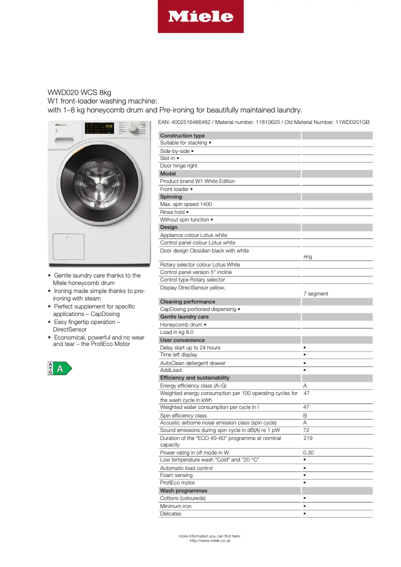 Página 1 del manual Ficha técnica Miele WWD 020 WCS