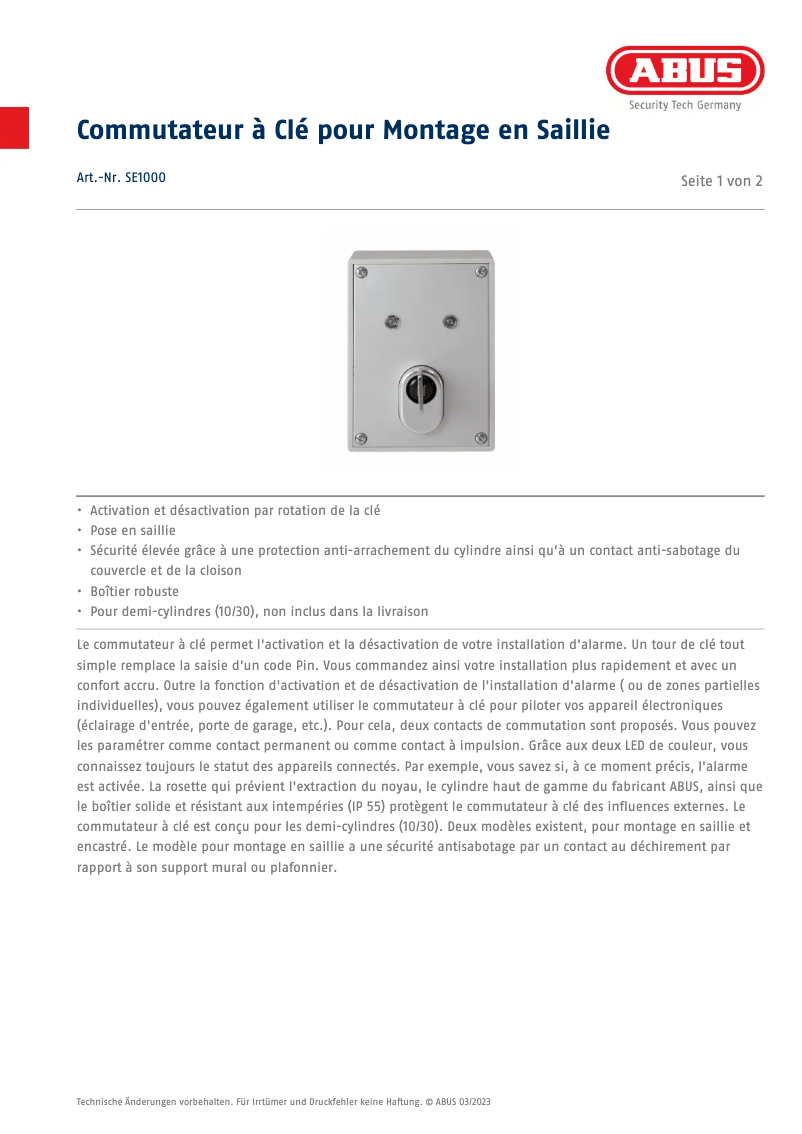 Página 1 del manual Ficha técnica Abus SE1000