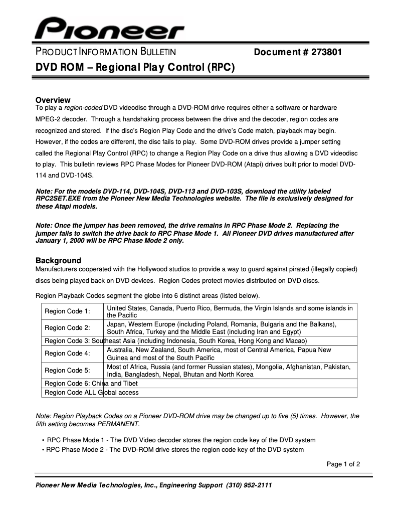 Página 1 del manual Ficha técnica Pioneer DVD-305S