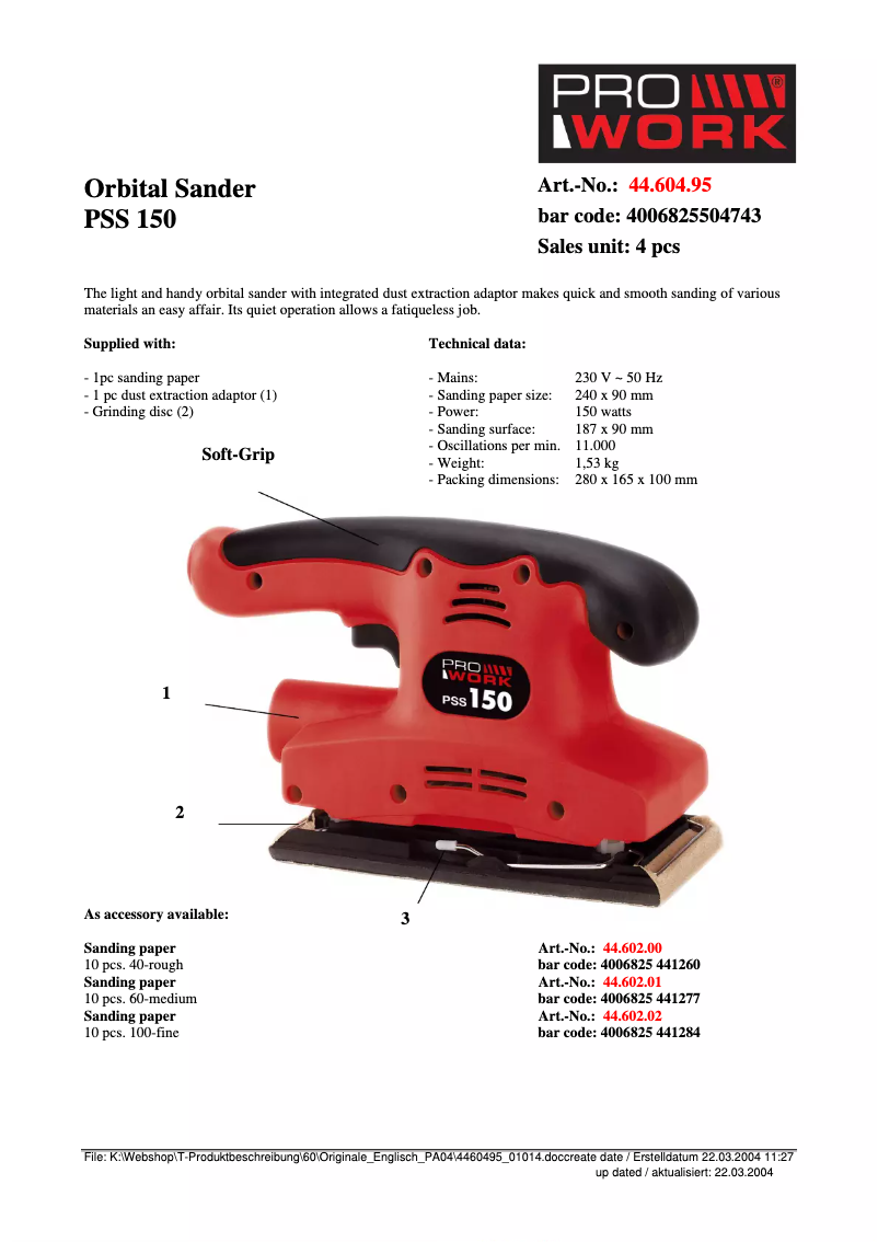 Página 1 del manual Ficha técnica Prowork PSS 150