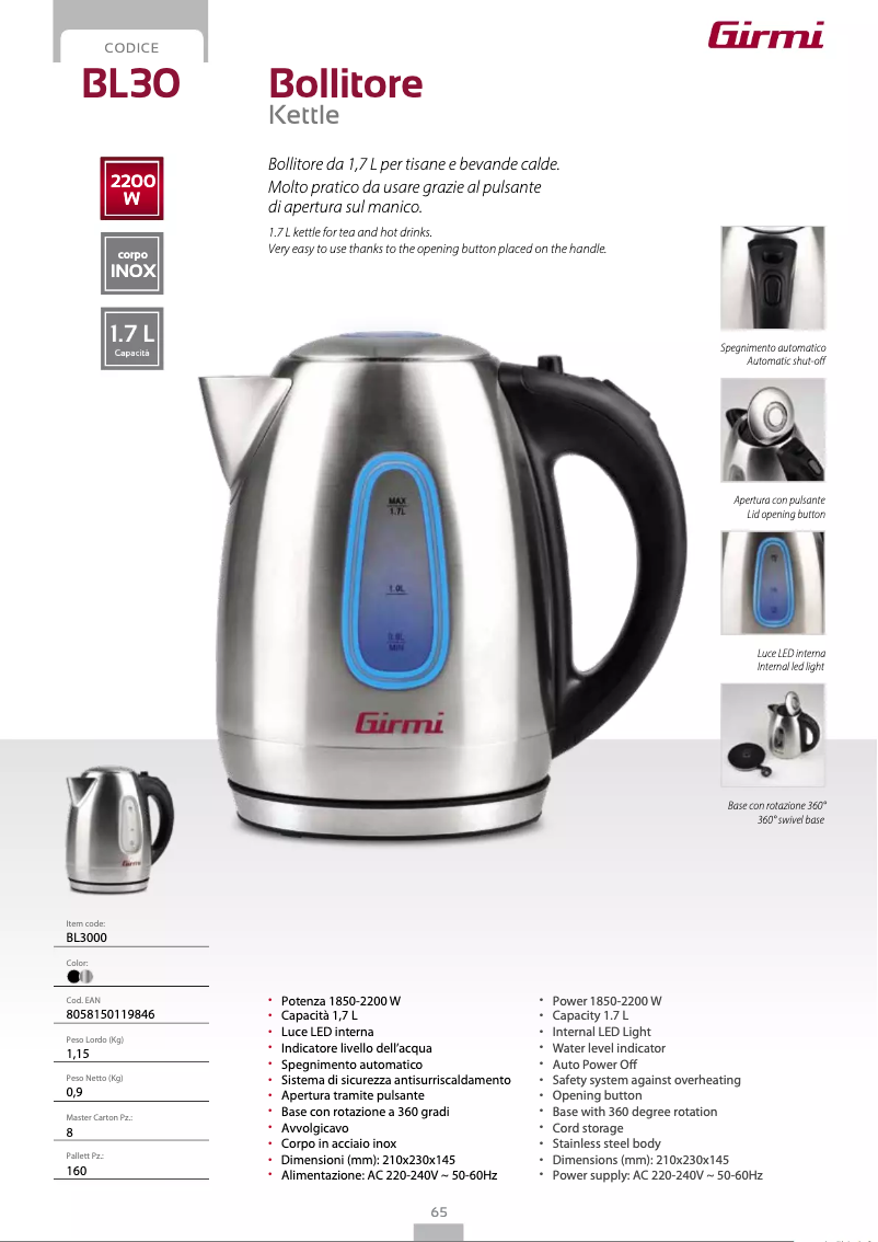 Página 1 del manual Ficha técnica Girmi BL30