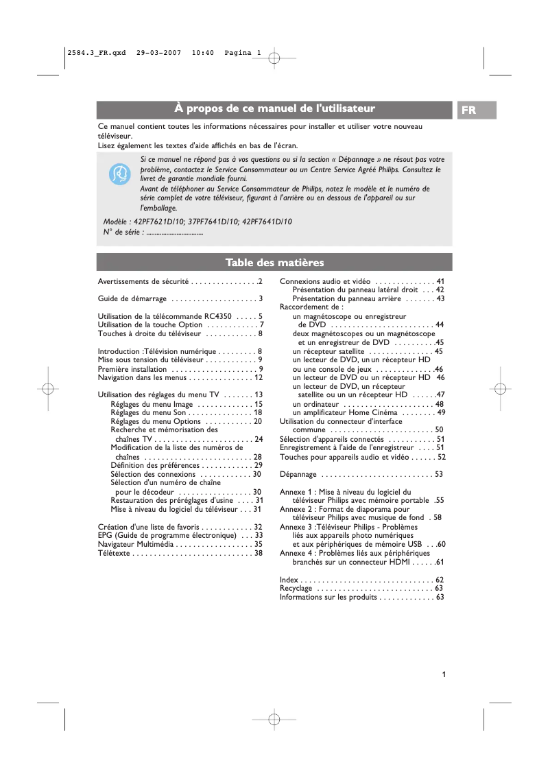 Imagen de la primera página del manual del dispositivo 37PF7641D