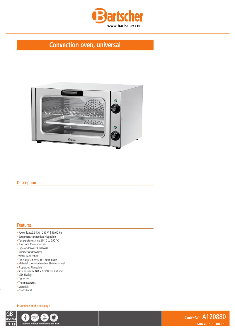 Página 1 del manual Ficha técnica Bartscher A120880