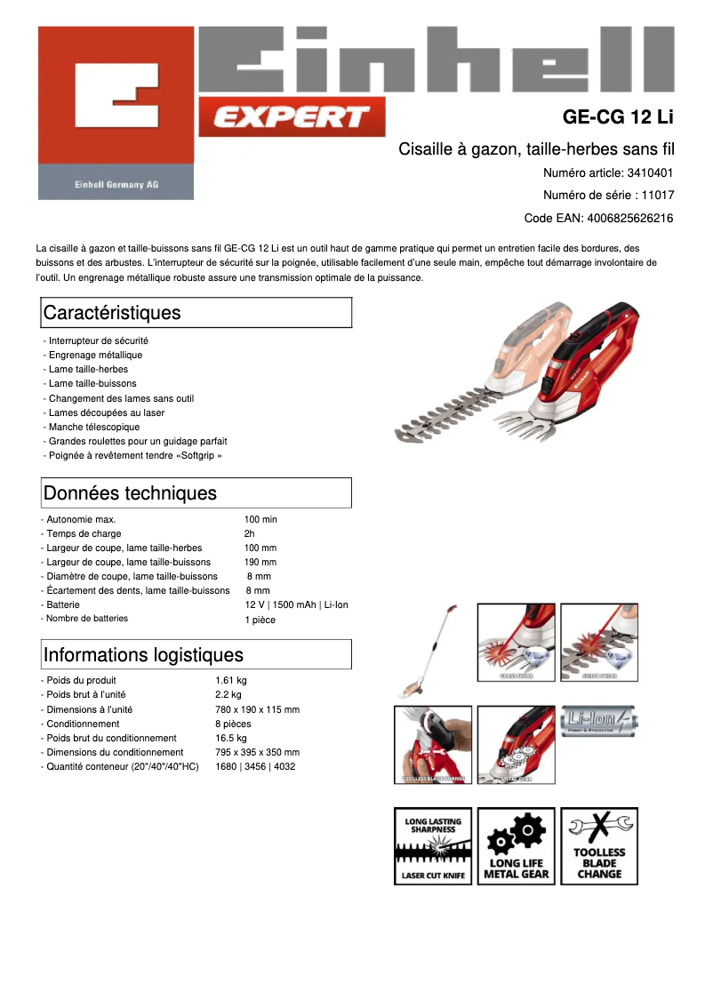 Página 1 del manual Ficha técnica Einhell GE-CG 12 Li