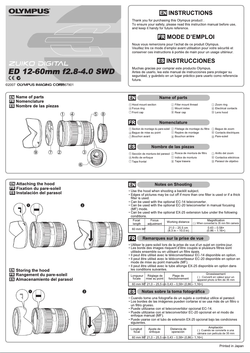 Imagen de la primera página del manual del dispositivo ED 12-60mm F2.8-4.0