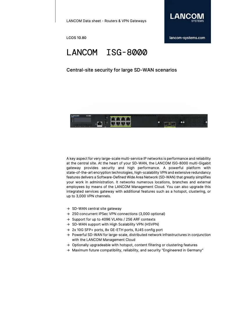 Página 1 del manual Ficha técnica Lancom ISG-8000